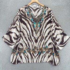 Chicos Top Womens 3 US Extra Large Brown Multi Zebra Stripes 3/4 Sleeves Blouse